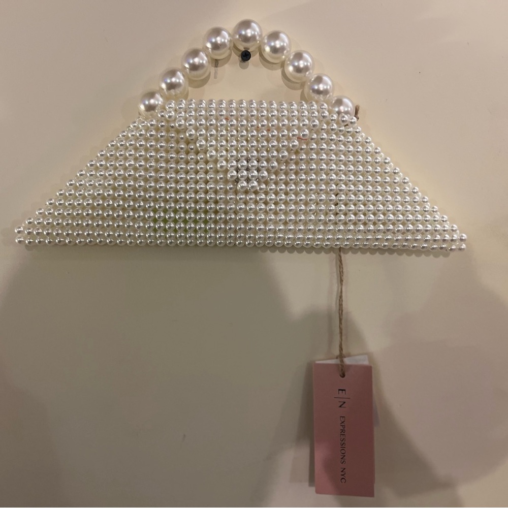 White Beaded Evening Clutch with Pearl Handle- Bridal